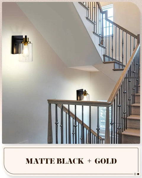 Indoor 2 Pack Wall Light Fixtures Set, Vintage Farmhouse Sconces in Black and Gold, Clear Glass Shades along Staircase