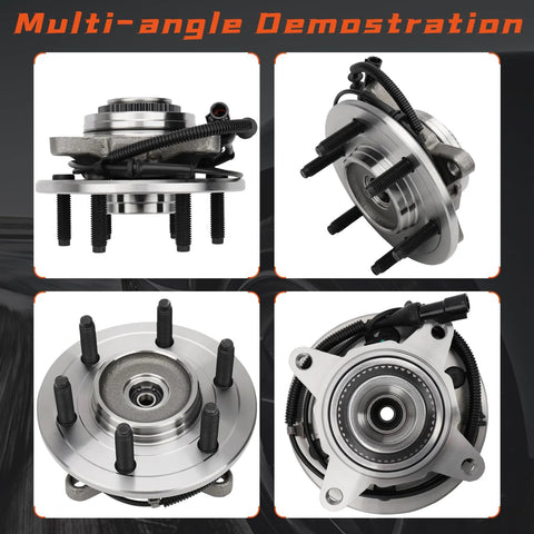 Front Wheel Hub And Bearing Assembly For Ford F-150 Heritage 2004 2005 4WD 6 Lug With ABS Sensor shown in multiple angles.