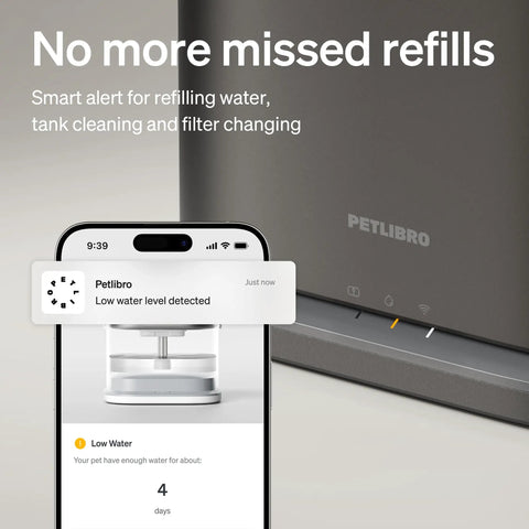 Cool Upgrade Cat Water Fountain With Stainless Steel Tray Dockstream 2 app interface showing low water alert on smartphone