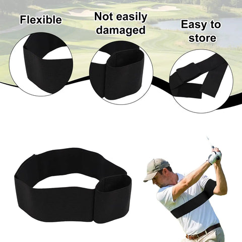 Golf Swing Arm Band Training Aid For Correct Posture And Smooth Swing Plane Flexible Arm Corrector Tool, shown in use.