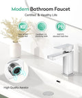 Polished Chrome Bathroom Faucet Single Handle Stainless Steel Solid 304 Build With Honeycomb Aerator on white sink
