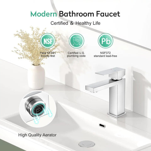 Polished Chrome Bathroom Faucet Single Handle Stainless Steel Solid 304 Build With Honeycomb Aerator on white sink