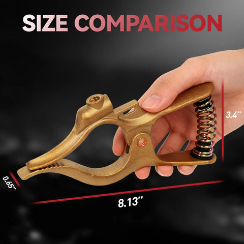 Hand holding T Style 400A Heavy Duty Brass Welding Ground Clamp with size comparison, showing spring tension and curved jaws.