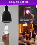 Setting up Smart A19 LED Bulbs With Music Sync And WiFi Control RGBCW Color Changing 13W 120W Equivalent 1300 Lumens Tunable 2700K To 6500K Dimmable Works With Alexa And Google 4 Pack, showing installation and mobile app control.