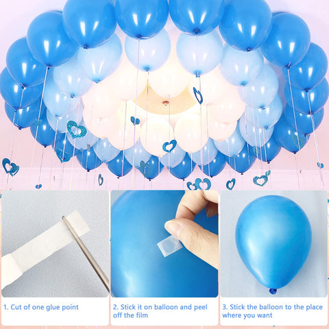 200 Pack Balloon Glue Dots Removable Clear Double Sided Adhesive Dots For Balloons Craft Weddings And Parties Easy Peel 12mm Diameter Includes Two Rolls showing blue balloons attached to ceiling with glue dots in use