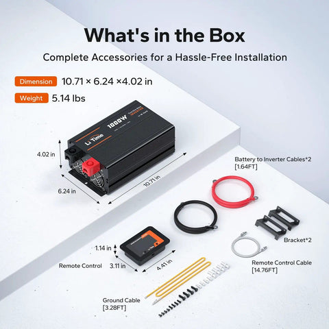 1000 Watt Pure Sine Wave Inverter For RV And Off Grid Power, 12V DC To 120V AC Converter with accessories and dimensions