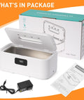 Ultrasonic Jewelry Cleaner Pro 28oz 800ml 49KHz Deep Clean package showing device, power adapter, and user manual.