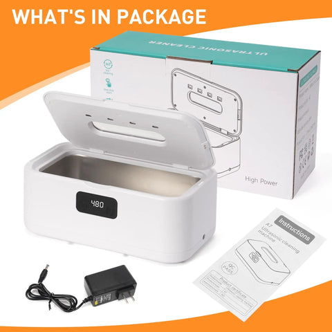 Ultrasonic Jewelry Cleaner Pro 28oz 800ml 49KHz Deep Clean package showing device, power adapter, and user manual.