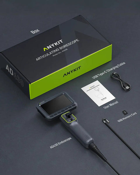 Articulating Borescope 210 Degree Two Way Slim 0.22-Inch Probe Endoscope with accessories including USB cable and manual.
