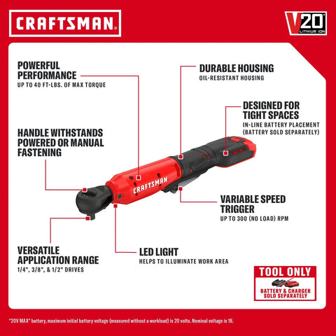 Cordless Electric Ratchet Wrench With 3/8 And 1/2 Inch Swappable Anvils Blazing 300 Rpm 40 Ft Lbs Kickin Torque LED Work Lamp with durable housing and variable speed trigger.