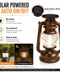 Antique Style Battery Operated Lanterns 2 Pack With IP65 Waterproof Rating And Two Lighting Modes Steady Or Flicker Battery Included Rustic Hanging Decor For Garden Patio Camping And Emergency Use, showing solar-powered function and dusk-to-dawn auto on/off feature