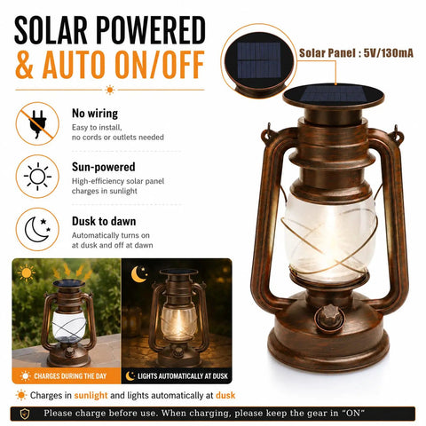 Antique Style Battery Operated Lanterns 2 Pack With IP65 Waterproof Rating And Two Lighting Modes Steady Or Flicker Battery Included Rustic Hanging Decor For Garden Patio Camping And Emergency Use, showing solar-powered function and dusk-to-dawn auto on/off feature