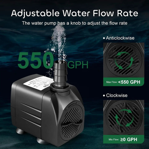 550 GPH Submersible Fountain Pump with 7.2 ft lift, 30W, adjustable flow knob, suitable for aquariums and ponds.