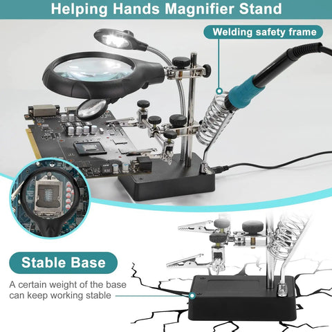 Soldering Station With Magnifier Light 2.5X 7.5X 10X Desktop Hands Free Handy Magnifying Glass With Stand And Alligator Clip Tool.