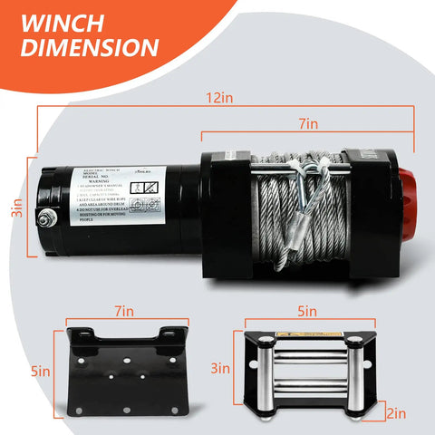 Dimensions of Beefed Up Electric Winch 3500 Lb 12V DC For ATV UTV with wireless remote, steel rope, waterproof towing kit.
