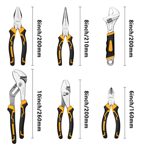 All In One 6 Piece Pliers Set With 10 Inch Water Pump Pliers 8 Inch Slip Joint Pliers 8 Inch Linesman Pliers 8 Inch Long Nose Pliers 6 Inch Diagonal Pliers And 8 Inch Adjustable Wrench Pro Grade For Home Repair Shop DIY Pros displayed