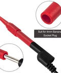 Four Pack 0.7mm Test Probe Pins With Non Destructive Insulation Piercing Needles, Stainless Steel Back Probe Pins, Super Tip Multimeter Probes For 4mm Banana Sockets, Car Diagnostic Tester Kit Black And Red. Close-up view showing red probe and banana socket tip.