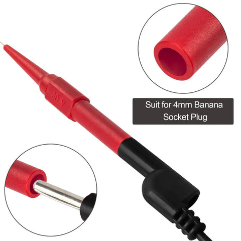 Four Pack 0.7mm Test Probe Pins With Non Destructive Insulation Piercing Needles, Stainless Steel Back Probe Pins, Super Tip Multimeter Probes For 4mm Banana Sockets, Car Diagnostic Tester Kit Black And Red. Close-up view showing red probe and banana socket tip.