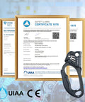 UIAA and CE Certified Hand Ascender for 8 to 13mm Rope Left Hand Black Pro Grade Climbing Gear in front of certification documents