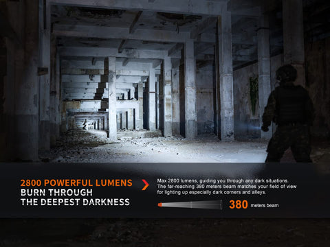 Person using PD36R Pro Dual Battery Bundle 2800 Lumen USB C Rechargeable Tactical Flashlight in dark, structural area