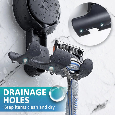 2 Pack Suction Cup Shower Razor And Bathroom Accessory Holder with drainage holes, holding a razor on a wet shower wall.