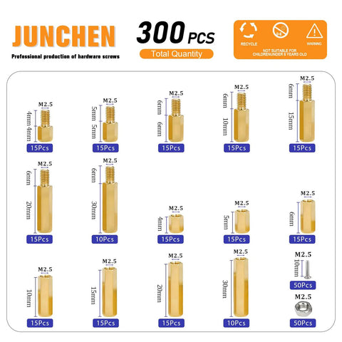 Rock Solid M2.5 Hex Brass Standoff Spacers Nuts Screws Kit 300 Pcs Male Female Thread Mount For Motherboard Computer Builds And Circuit Boards Built To Last detailed layout of M2.5 brass standoffs with dimensions.