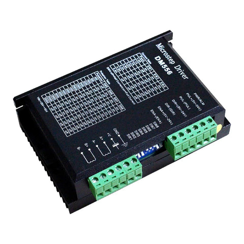 DM556 microstepper driver module for CNC; black enclosure with two green terminal blocks.