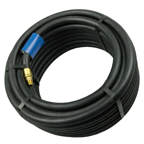50 Foot 3/8 Inch Rubber Air Hose With 1/4 Inch Male NPT Solid Brass Ends Air Compressor Line 250 Psi coiled for easy storage.