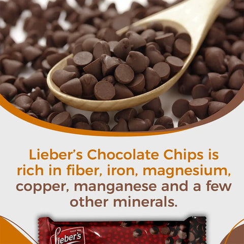 Vegan Semi Sweet Real Chocolate Chips For Baking Three 9 Oz Bags Gluten Free Dairy Free Kosher Parve Low Calorie Chips For Cookies And Desserts Totally Great For Snacking shown with wooden spoon and nutritional info