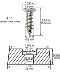 Technical diagram of #10 stainless steel screws included in 1 inch non slip rubber feet 20 pack dimensions for various uses.