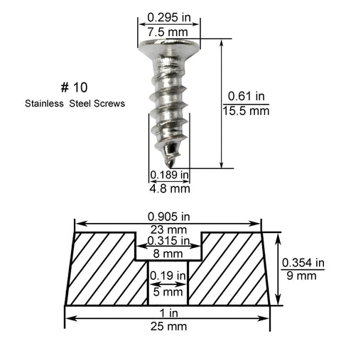 Technical diagram of #10 stainless steel screws included in 1 inch non slip rubber feet 20 pack dimensions for various uses.