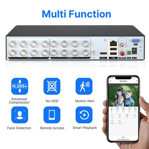 16 Channel 5MP And 1080P Hybrid Security DVR with remote access app and motion alerts, shown with smartphone display