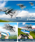 1080P HD FPV Foldable Camera Drone for Adults and Beginners showcases 3 flying speeds, gravity control, and trajectory flight in vibrant sky.
