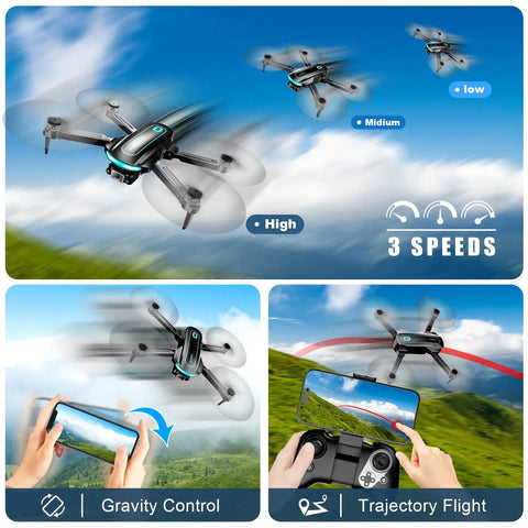 1080P HD FPV Foldable Camera Drone for Adults and Beginners showcases 3 flying speeds, gravity control, and trajectory flight in vibrant sky.