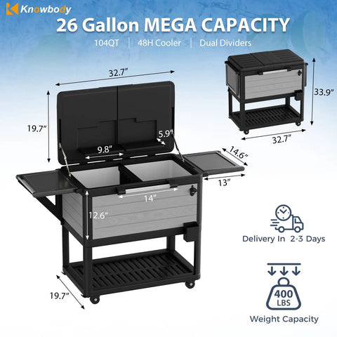 Patio Cooler Cart With Wheels 104 Quart Outdoor Ice Chest Beverage Bar Cart With Handles, Storage Shelf, Bottle Opener, Ice Scoop