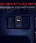 Close-up of 12V Horn Button Momentary Rocker Switch with Blue LED lights, waterproof toggle for ATV UTV RZR Boat Marine use in panel