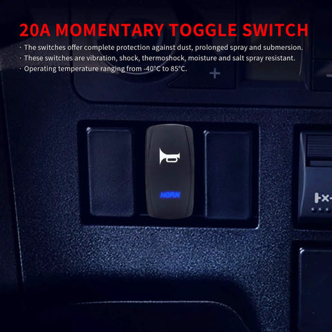 Close-up of 12V Horn Button Momentary Rocker Switch with Blue LED lights, waterproof toggle for ATV UTV RZR Boat Marine use in panel