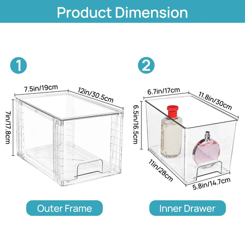 Dimensions of Four Pack Large Clear Stackable Storage Drawers With Smooth Pull Out Slides And Grippy Silicone Pads.