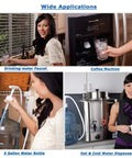 Collage showing applications of 110V Drinking Water Pump for 5 Gallon Bottle Dispenser System with fridge, faucet, and coffee maker.