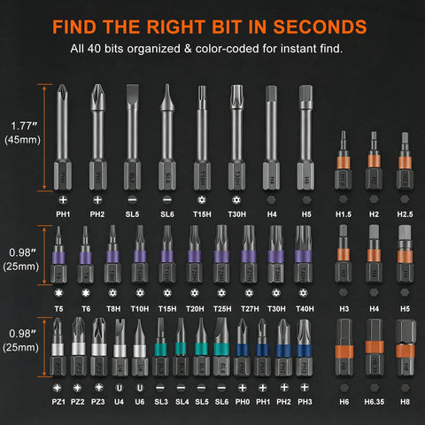 42 In 1 Magnetic Screwdriver Set With Quick Ratcheting Handle showing 40 S2 steel bits labeled for size and type