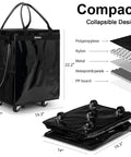 Large Black Reusable Grocery Bag On Wheels Foldable Rolling Tote With Zipper Closure, heavy-duty polypropylene, compact design