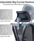 Detail of ergonomic mesh office chair with adjustable big curved headrest and 135-degree tilt for neck support, side view.