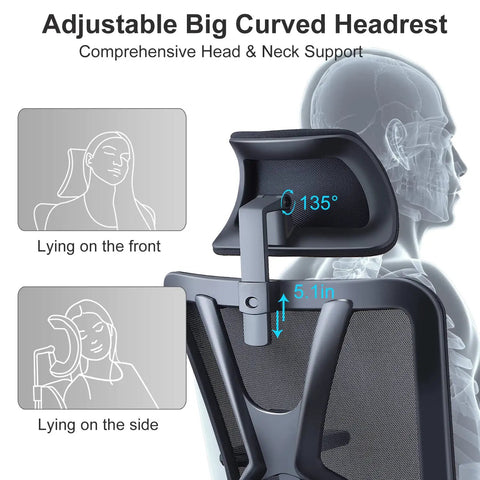 Detail of ergonomic mesh office chair with adjustable big curved headrest and 135-degree tilt for neck support, side view.