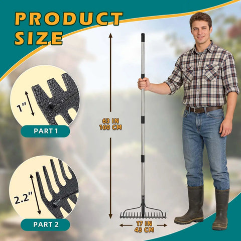Man holding 2 In 1 63 Inch Metal Garden Lawn Rake with 17 Tines for weeding, loosening soil, raking leaves, and spreading mulch