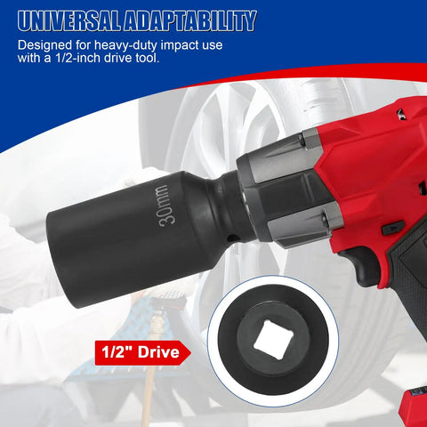 Half Inch Drive Deep Spindle Axle Nut Impact Socket Set, 12 Point Metric, 30mm 32mm 34mm 36mm, CR-MO, on impact wrench