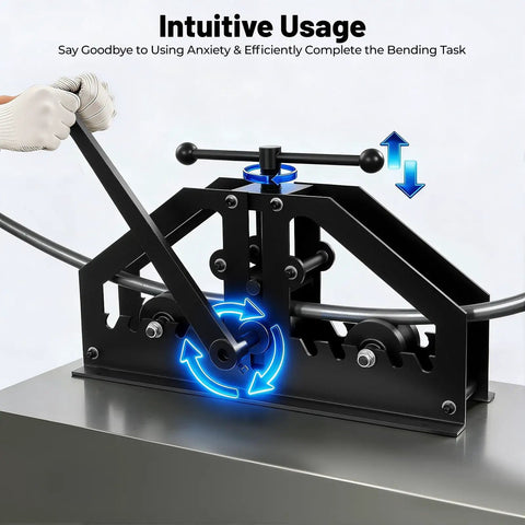 Jaygovan Heavy Duty Tube Roller Bender 1.5 Inch Manual Round Pipe Bending Tool w/ Dies, close-up of operating lever and mechanism.