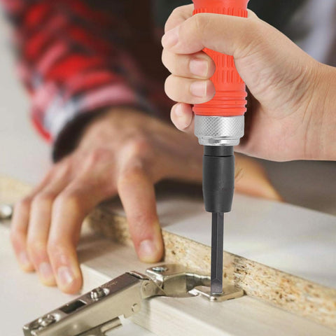 Half Inch Drive Hand Impact Driver Set With Six Impact Bits loosening hinge screw on wooden surface