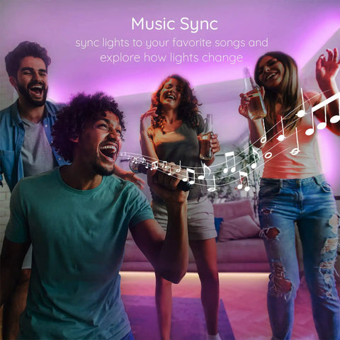 People enjoying music with 150Ft LED Strip Lights Kit With App Control And IR Remote, RGB Color Changing, Music Sync.