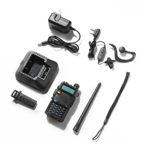UV 5R 8W Dual Band Two Way Radio with earpiece, antenna, charger, battery, and accessories on white background