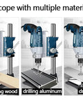Pro Grade Sturdy Floor Drill Press Stand Featuring Adjustable Vertical Sleeve and Beefy Steel Vice for drilling wood, aluminum, and iron.